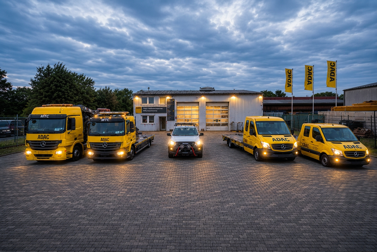 Einsatzflotte von MTC Autoservice — gelbe Abschleppfahrzeuge vor dem Firmengebäude in Hohenhameln